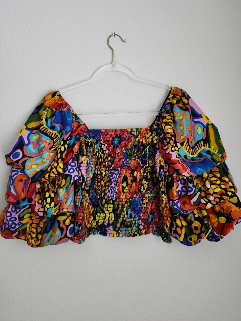 LIVE 4 TRUTH Vibrant Abstract Floral Print Puff Sleeve Smocked Blouse L